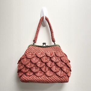 PATRICIA NASH Laureana Coral Raffia Frame Top Handle Bag Chain Strap Boho